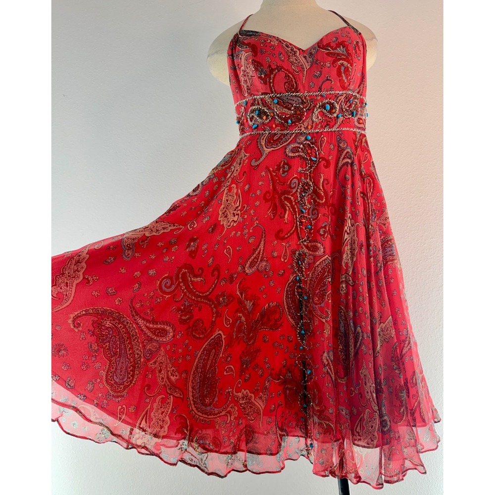 Vintage Y2K Issue Boho Paisley Beaded Halter Dress Size 6 100% Silk Coral Pink